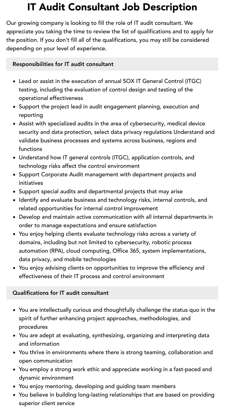 IT Audit Consultant Job Description Velvet Jobs