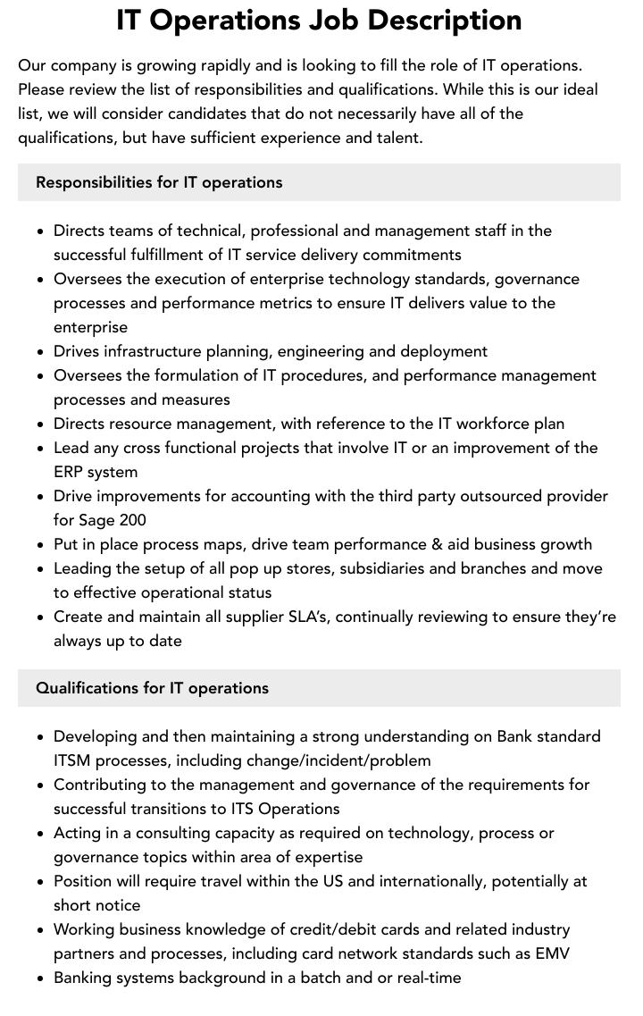 IT Operations Job Description Velvet Jobs
