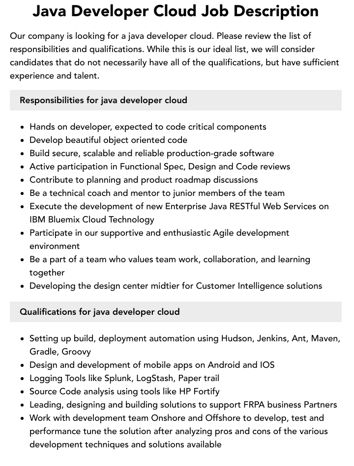 Java Developer Cloud Job Description Velvet Jobs