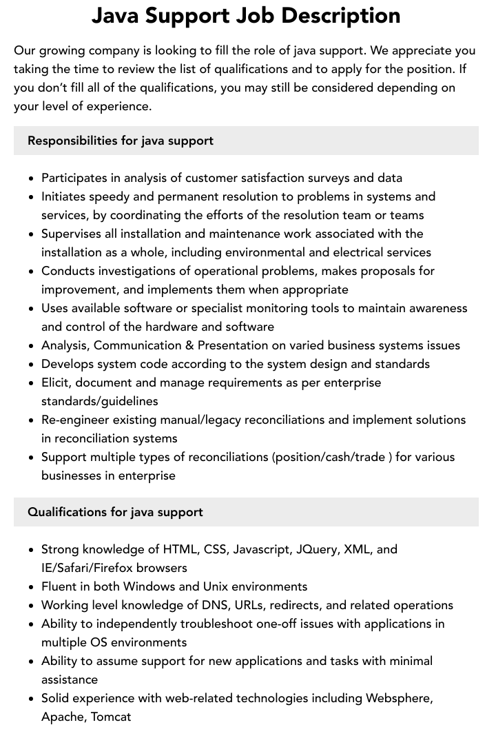 Java Support Job Description Velvet Jobs