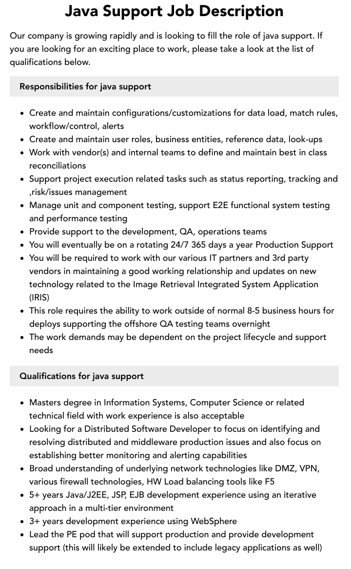 Java Support Job Description Velvet Jobs