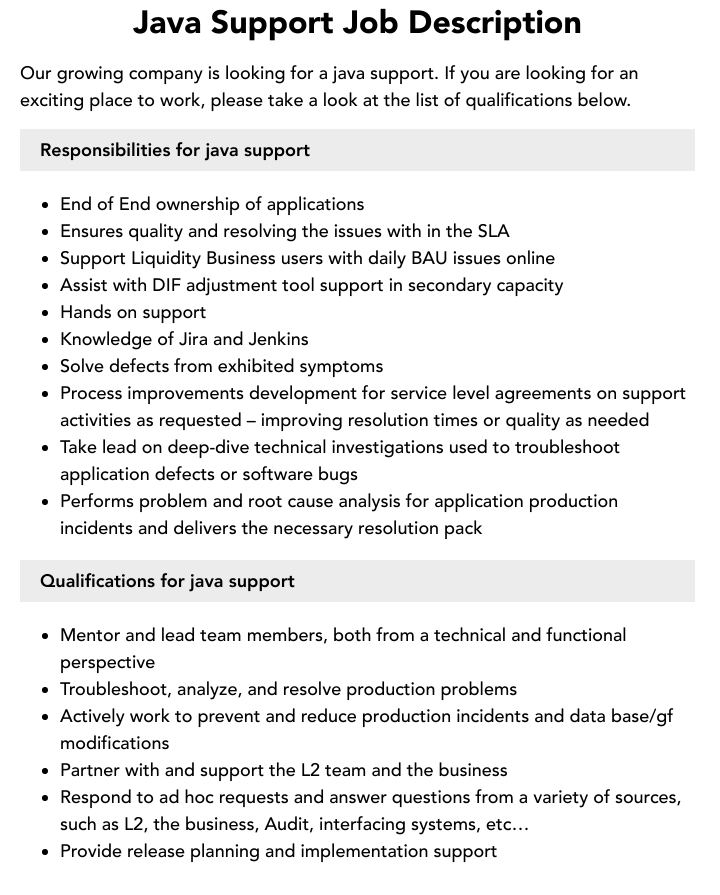 Java Support Job Description Velvet Jobs