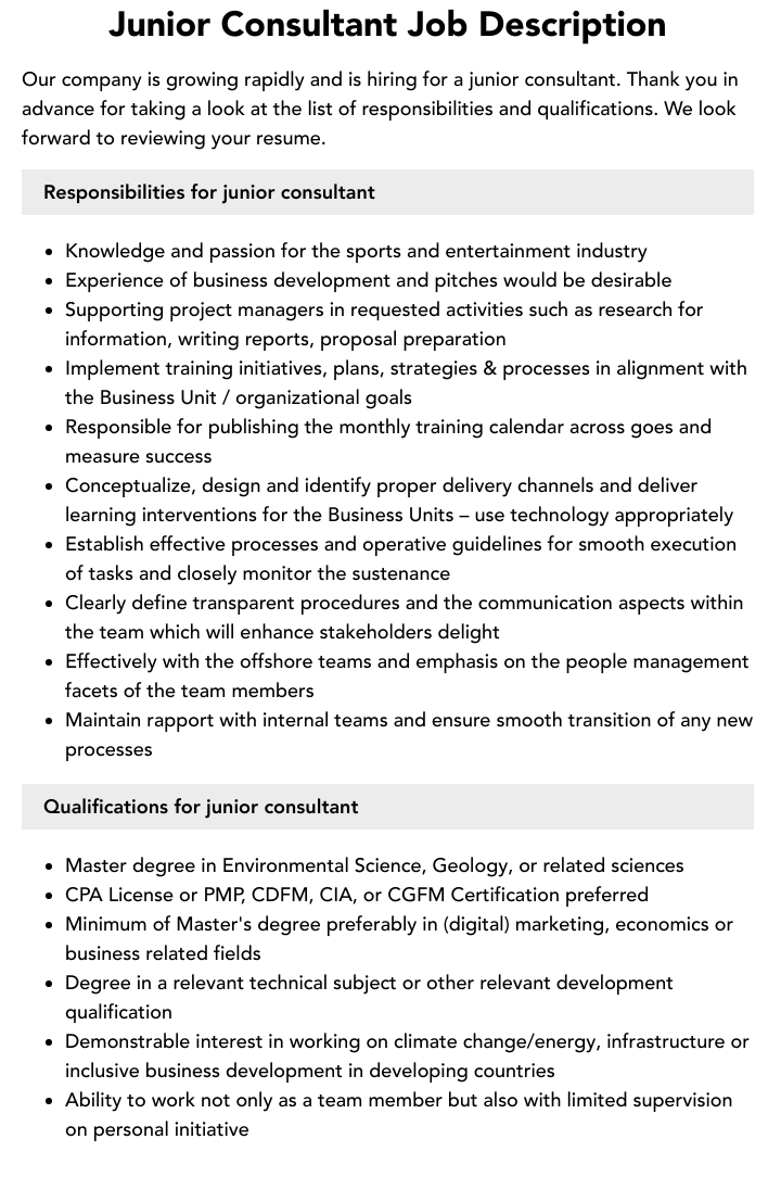 Junior Consultant Job Description Velvet Jobs