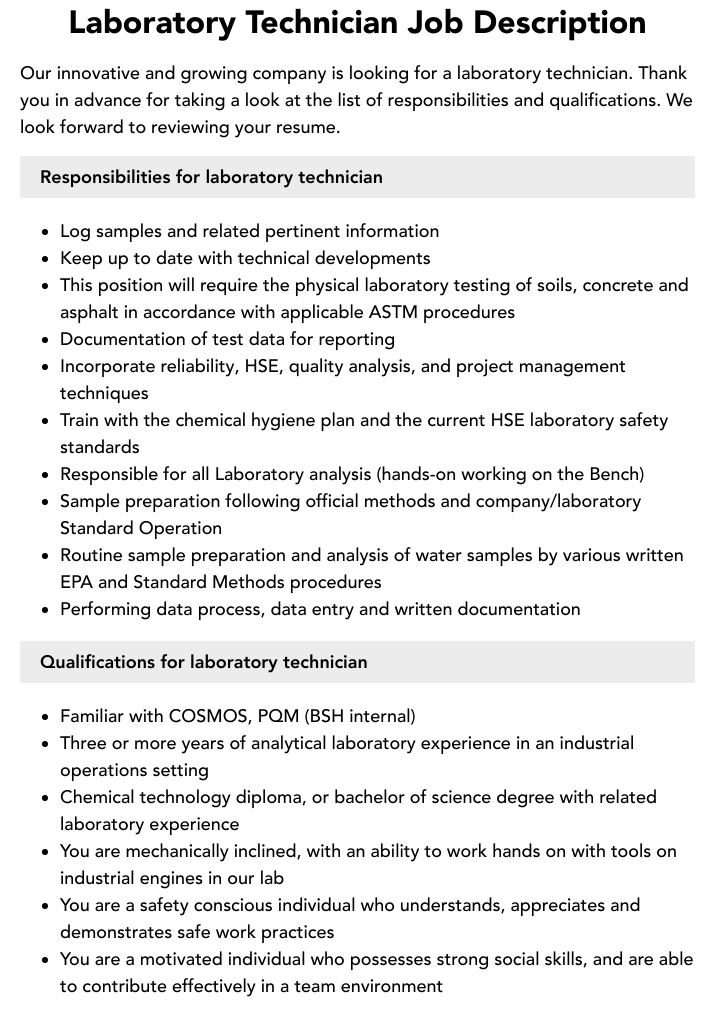 Laboratory Technician Job Description Velvet Jobs