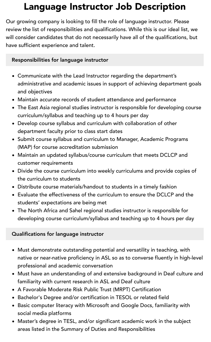 Language Instructor Job Description Velvet Jobs