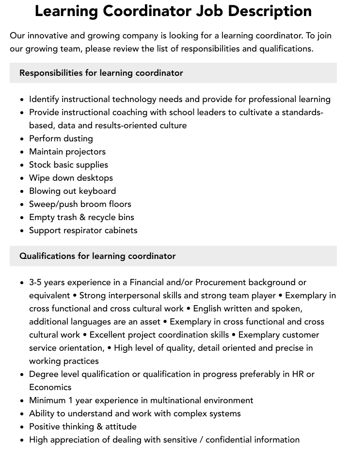 Learning Coordinator Job Description Velvet Jobs