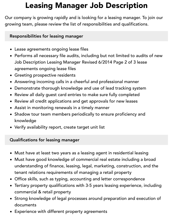 Leasing Manager Job Description Velvet Jobs