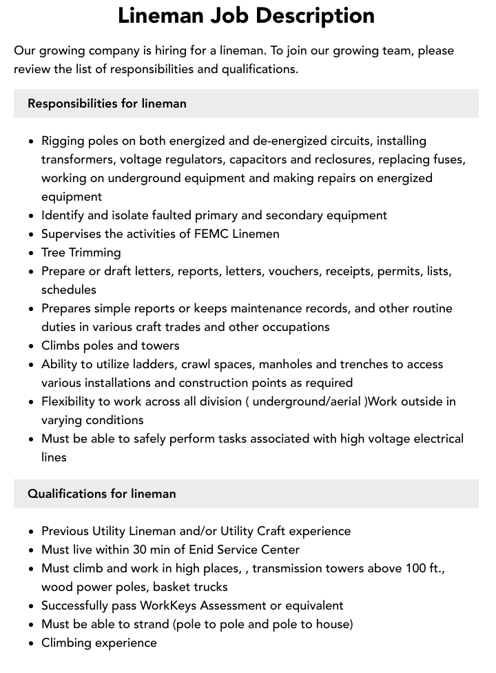 Lineman Job Description Velvet Jobs