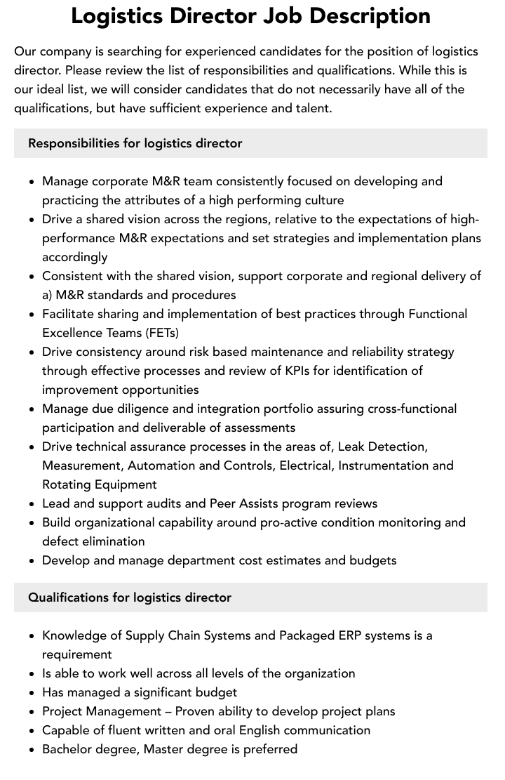 Logistics Director Job Description Velvet Jobs