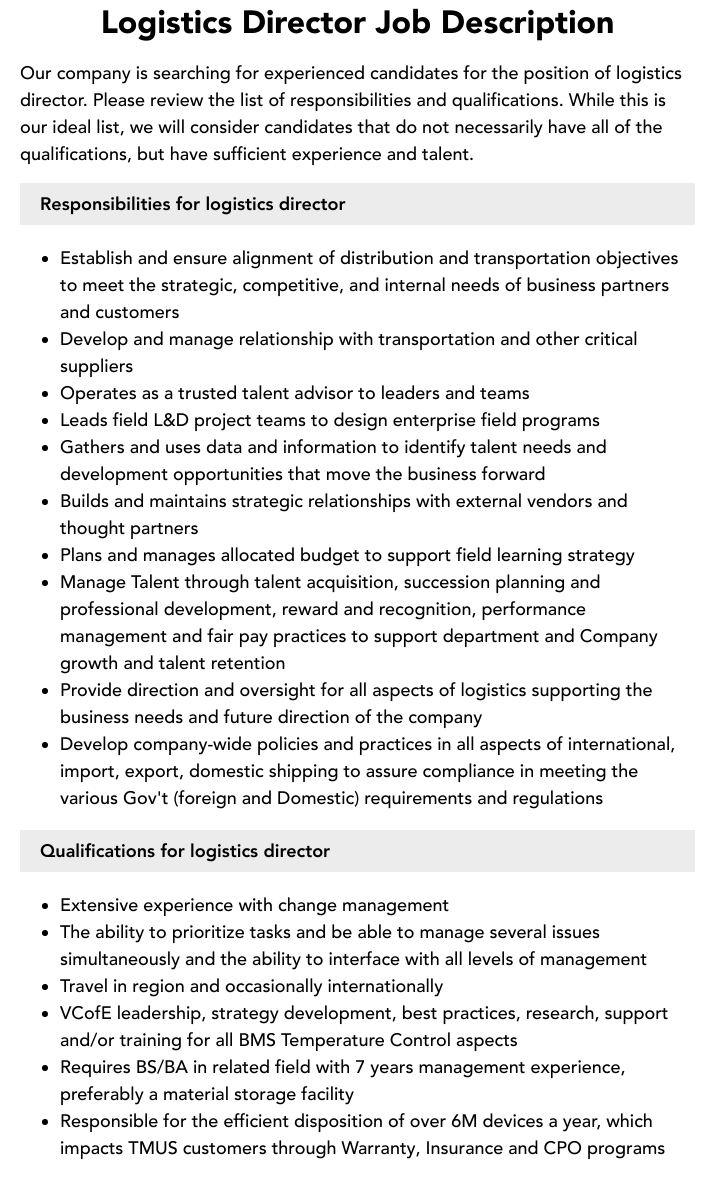 Logistics Director Job Description Velvet Jobs