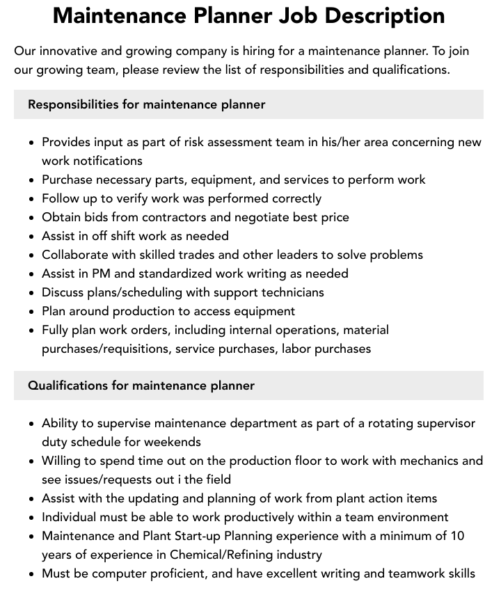 Maintenance Planner Job Description Velvet Jobs   Maintenance Planner V2 