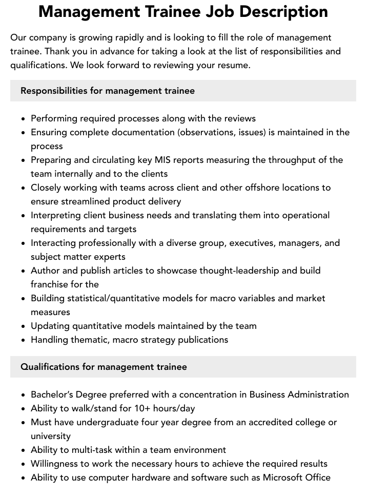 management trainee tasks