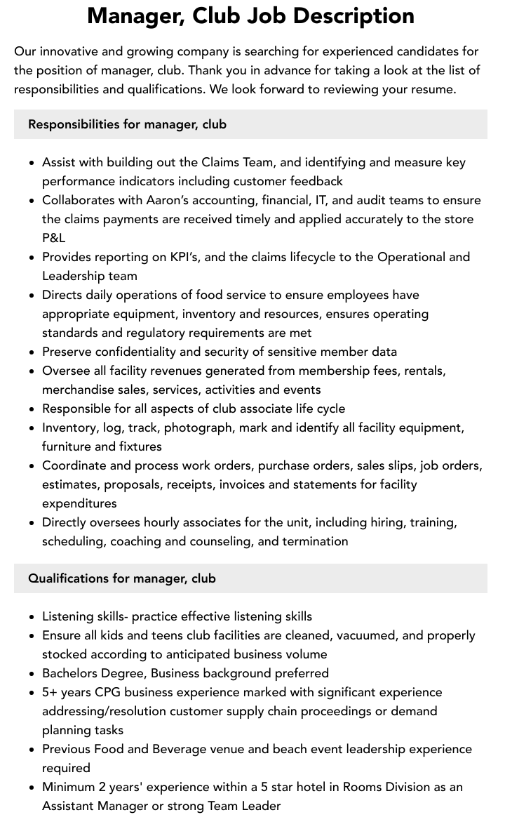 Manager Club Job Description Velvet Jobs
