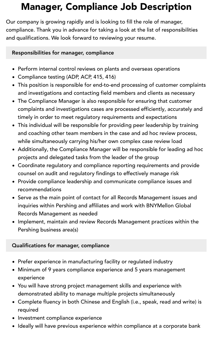 Manager Compliance Job Description Velvet Jobs