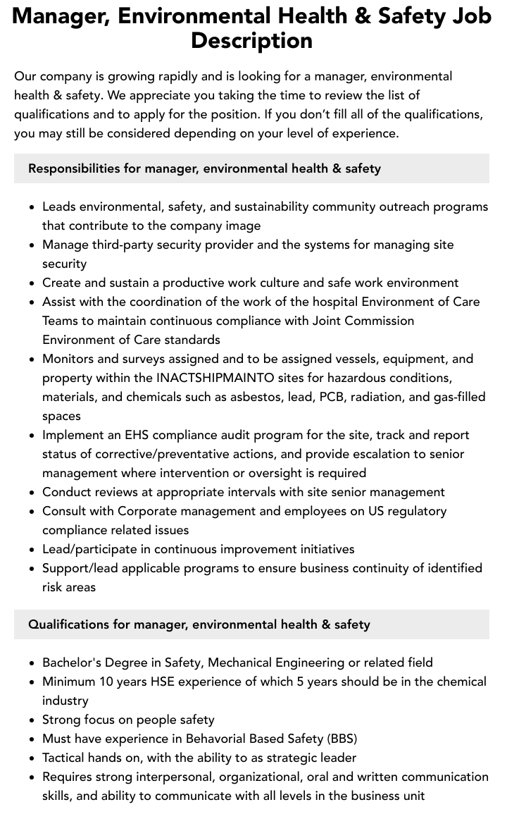 Manager Environmental Health Safety Job Description Velvet Jobs