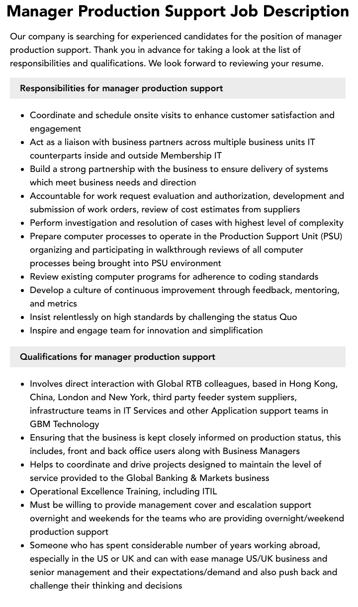 Manager Production Support Job Description Velvet Jobs