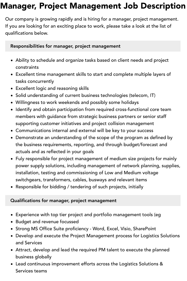 Manager Project Management Job Description Velvet Jobs