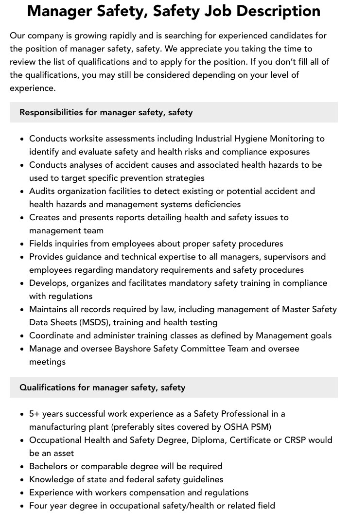 Manager Safety Safety Job Description Velvet Jobs