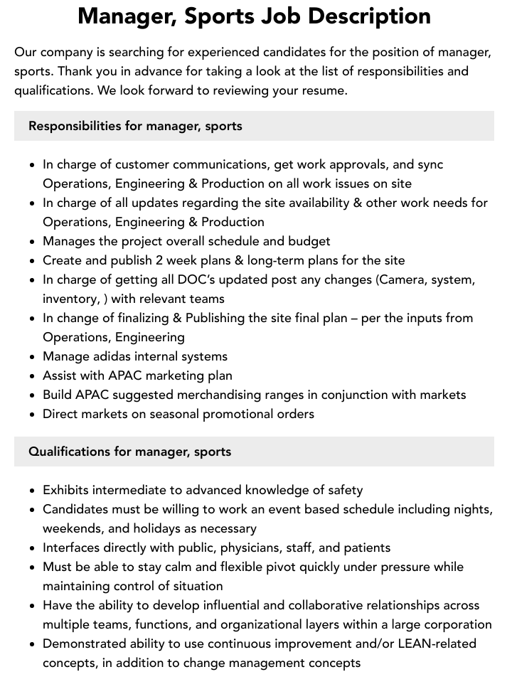 Manager Sports Job Description Velvet Jobs