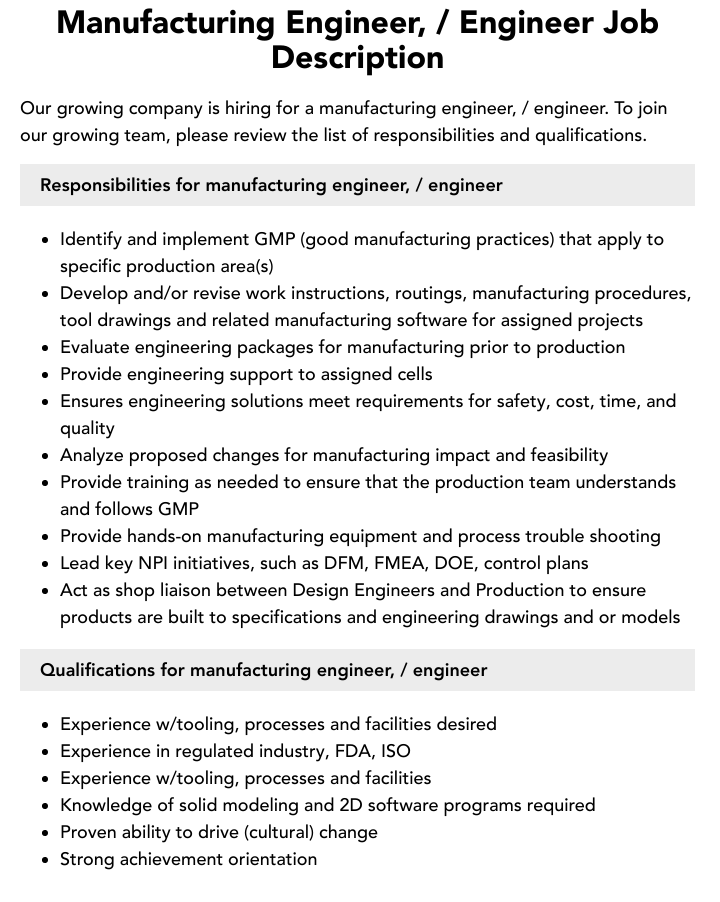Manufacturing Engineer Job Description