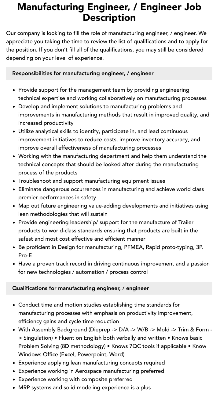 Manufacturing Engineer Engineer Job Description Velvet Jobs