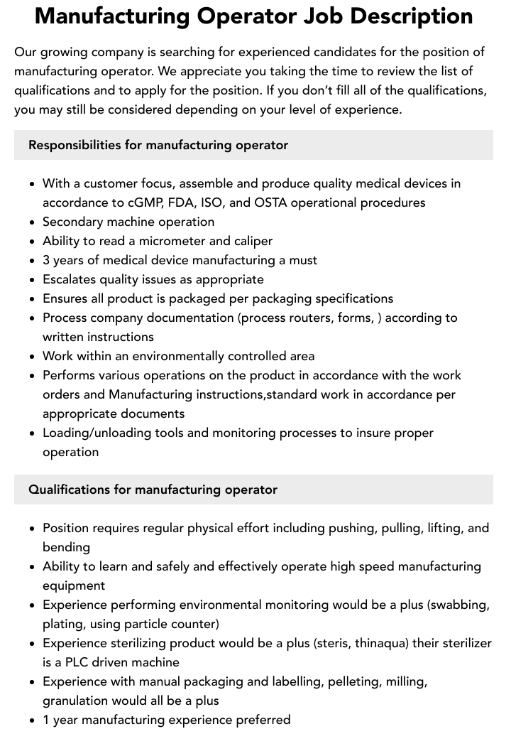 Manufacturing Operator Job Description Velvet Jobs