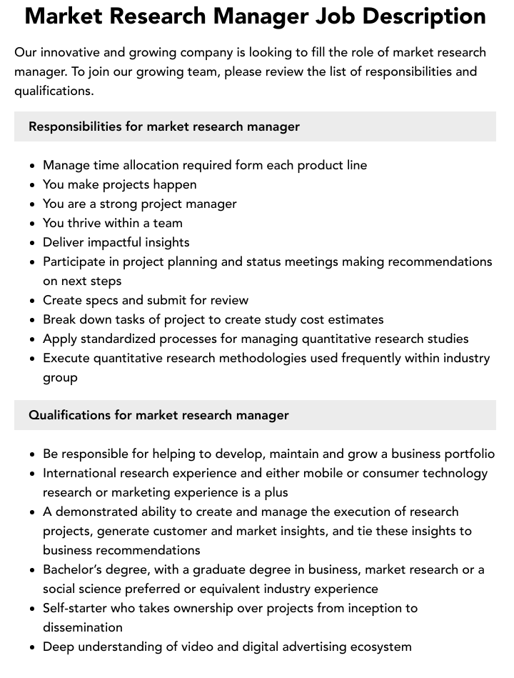 market researcher job description skills