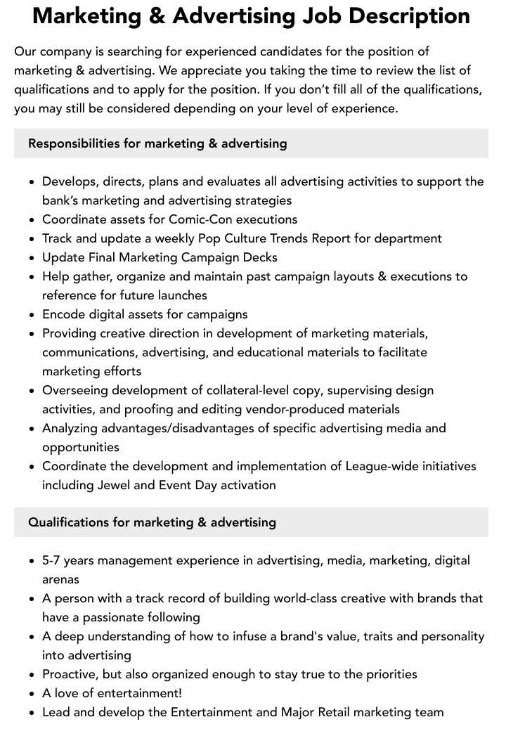 Marketing Advertising Job Description Velvet Jobs Marketing Advertising Job Description Velvet Jobs