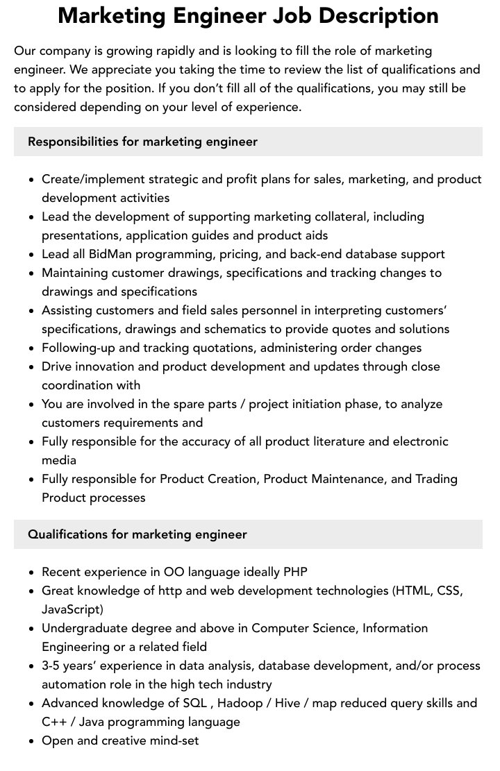 Marketing Engineer Job Description Velvet Jobs