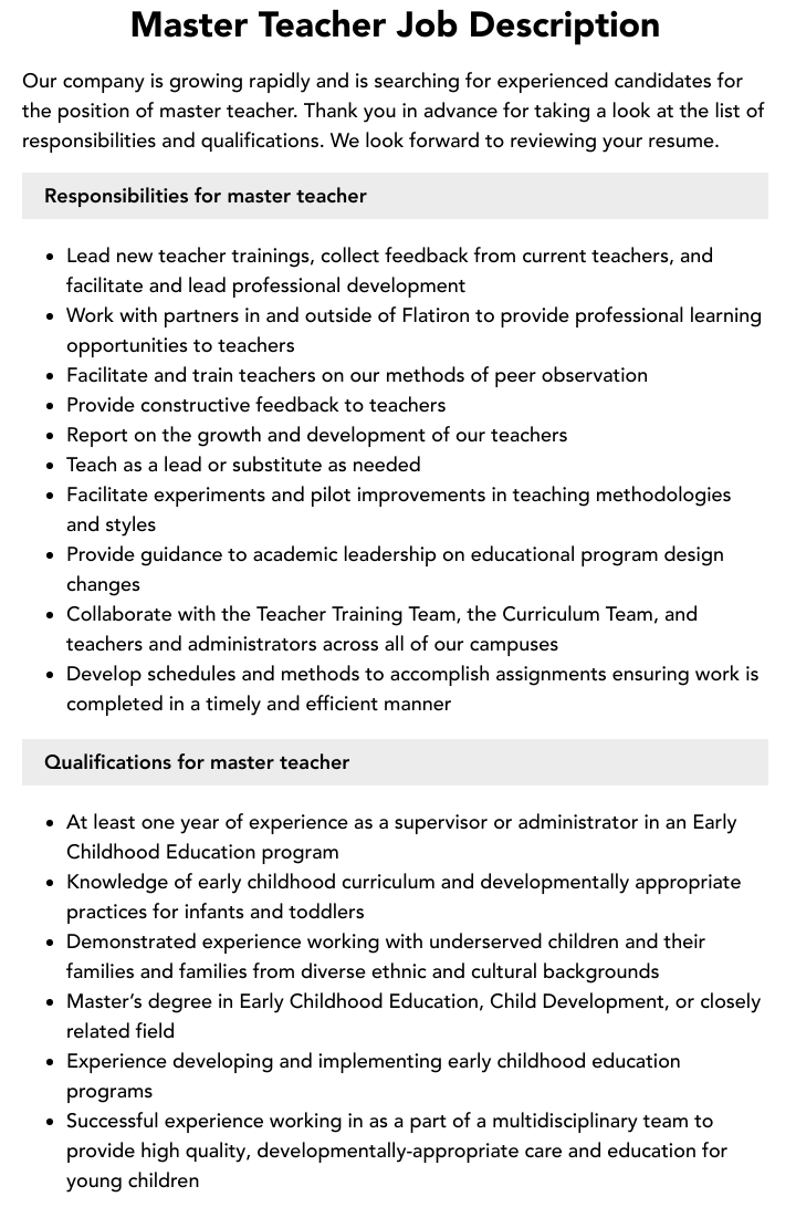 Master Teacher Job Description Velvet Jobs