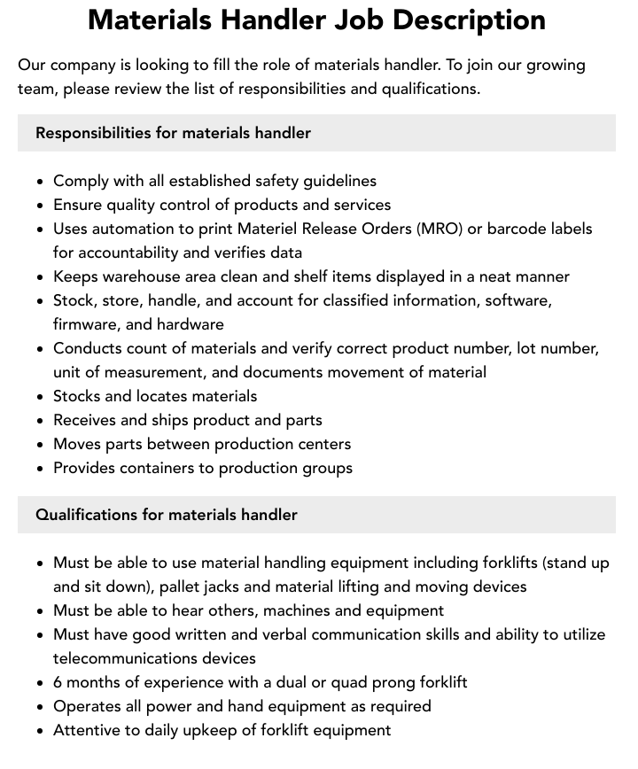 Materials Handler Job Description Velvet Jobs