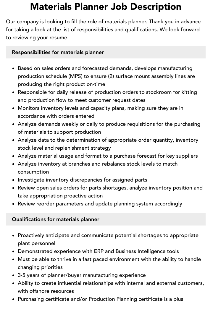 Materials Planner Job Description Velvet Jobs