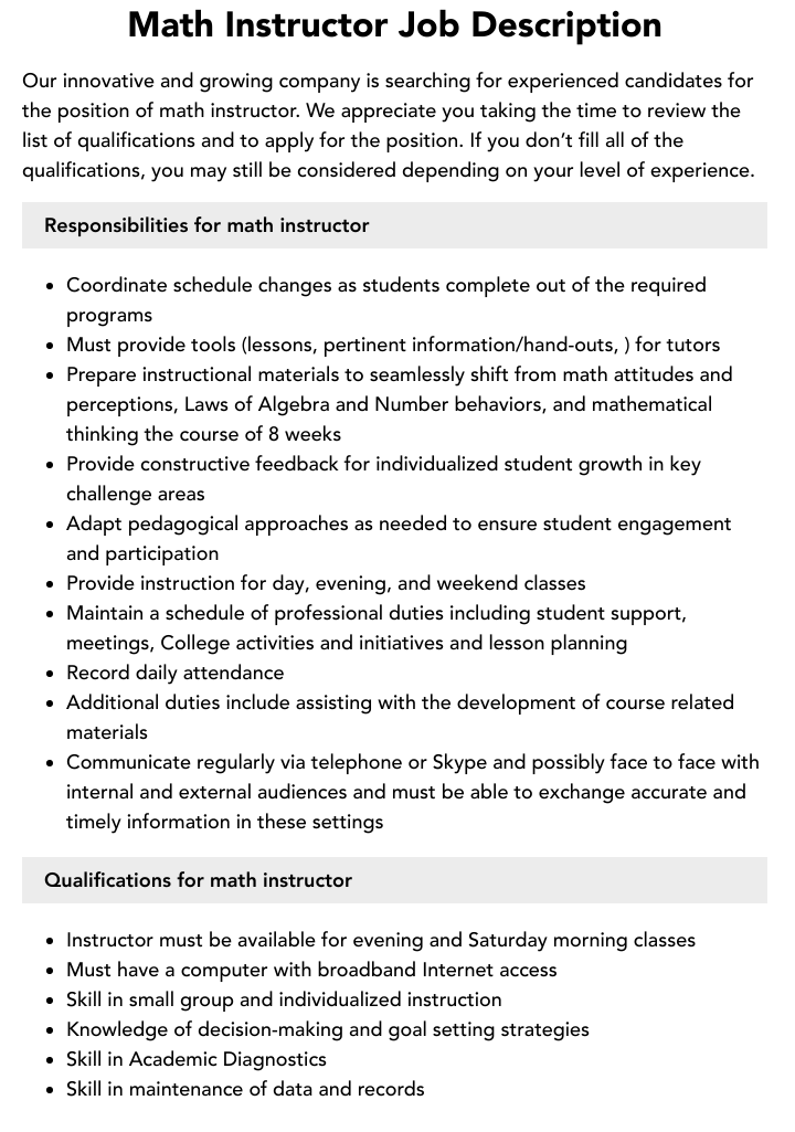 Math Instructor Job Description Velvet Jobs