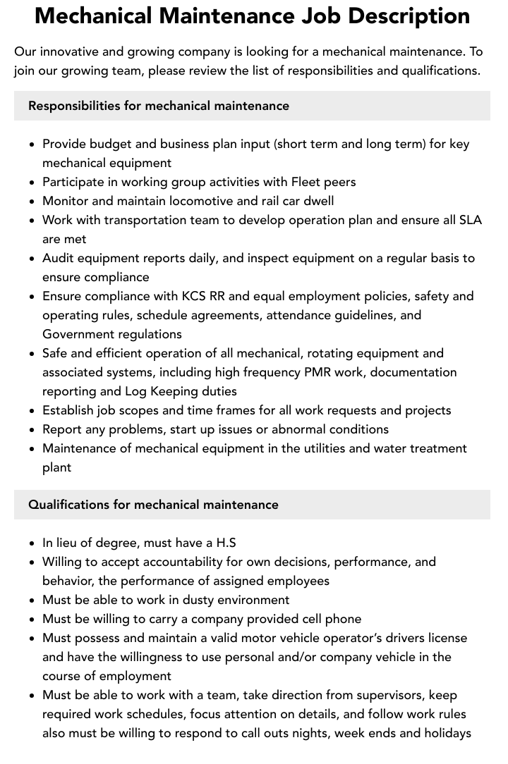 Mechanical Maintenance Job Description Velvet Jobs