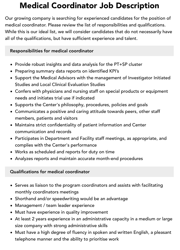 Medical Coordinator Job Description Velvet Jobs