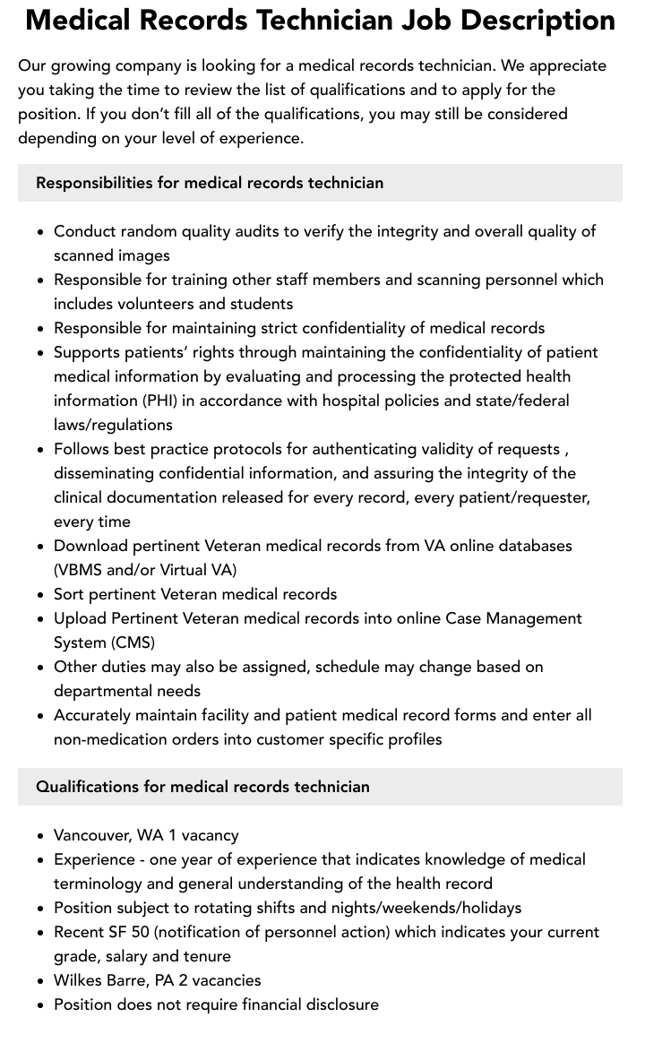 Medical Records Technician Job Description | Velvet Jobs