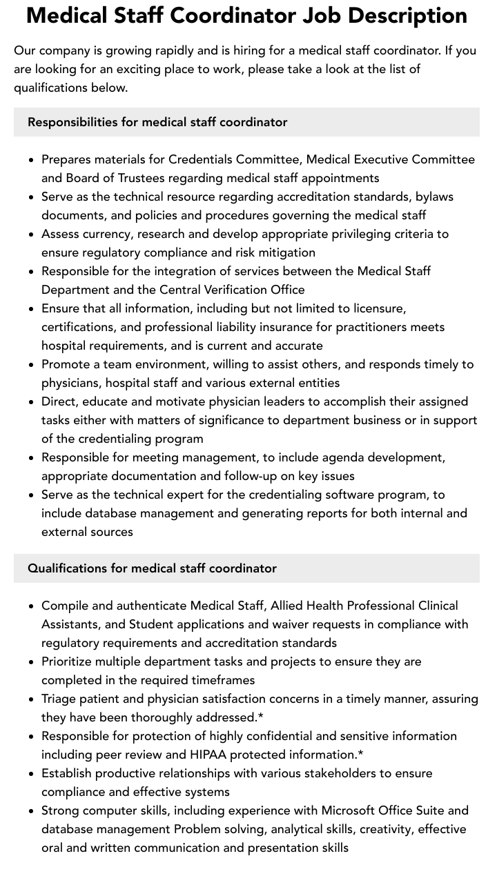 Medical Staff Coordinator Job Description Velvet Jobs