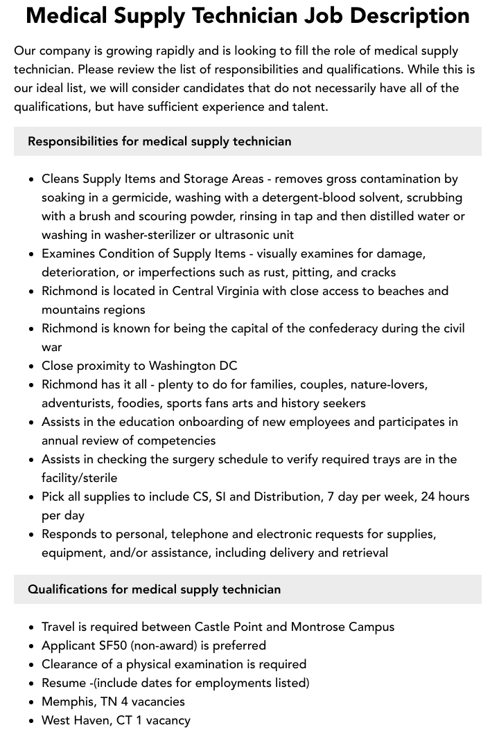 Medical Supply Technician Job Description Velvet Jobs