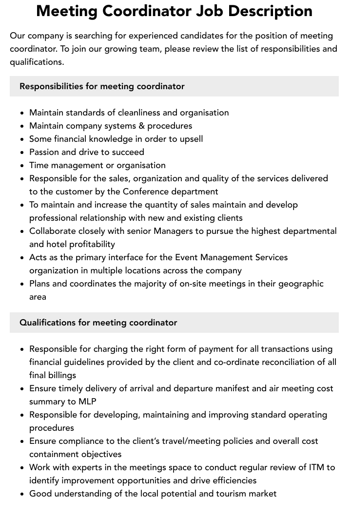 Meeting Coordinator Job Description Velvet Jobs