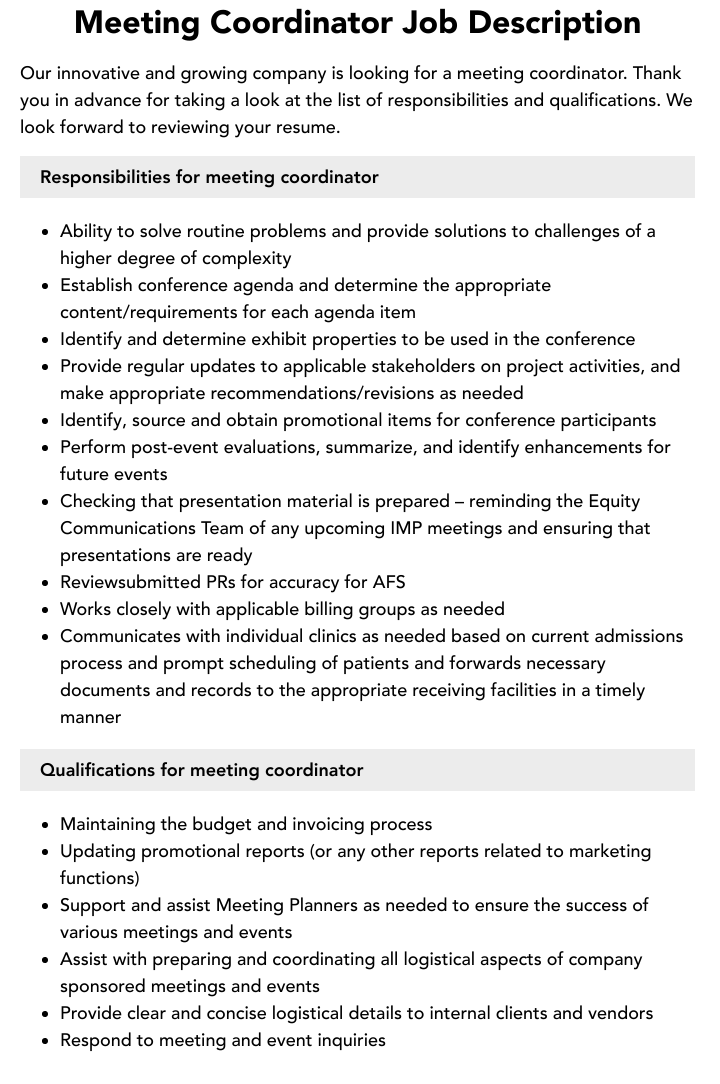 Meeting Coordinator Job Description Velvet Jobs