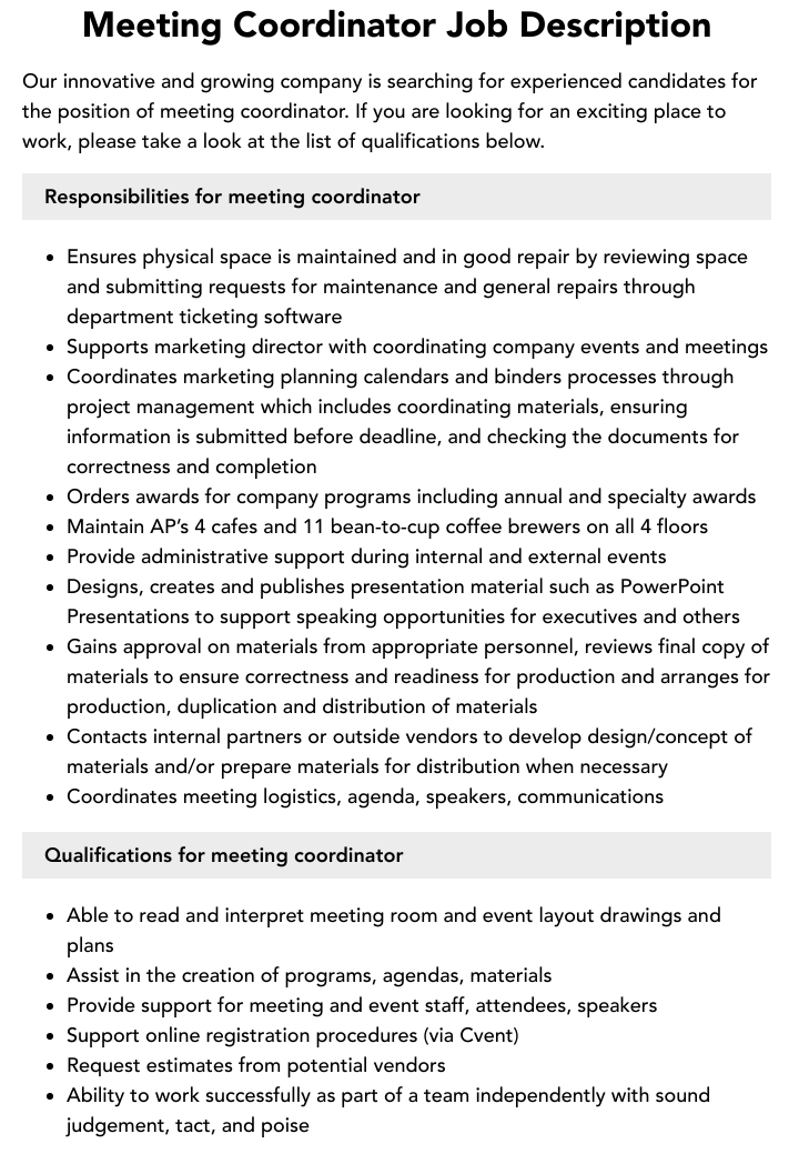 Meeting Coordinator Job Description Velvet Jobs