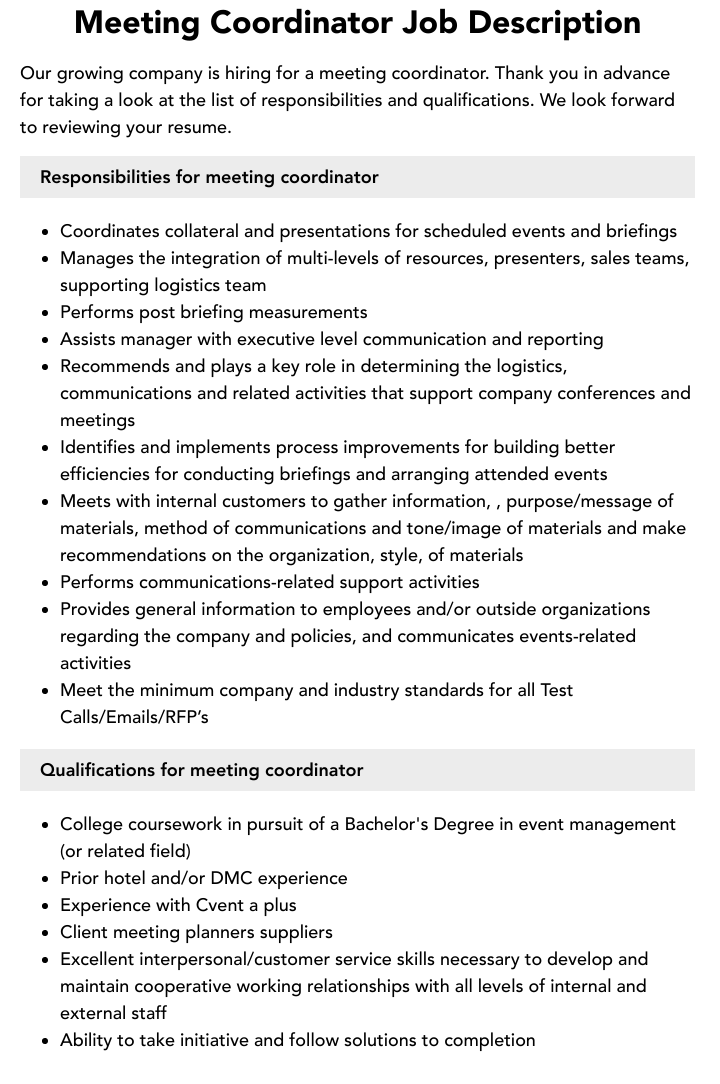 Meeting Coordinator Job Description Velvet Jobs
