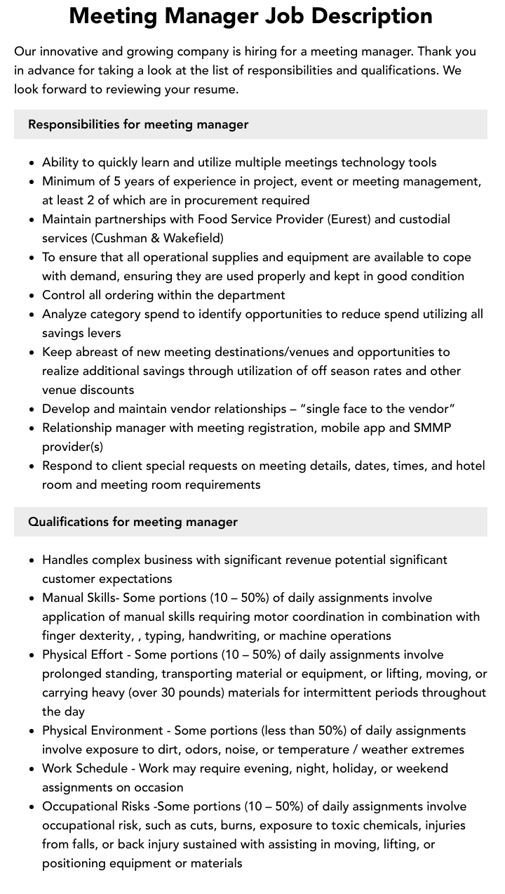 Meeting Manager Job Description Velvet Jobs