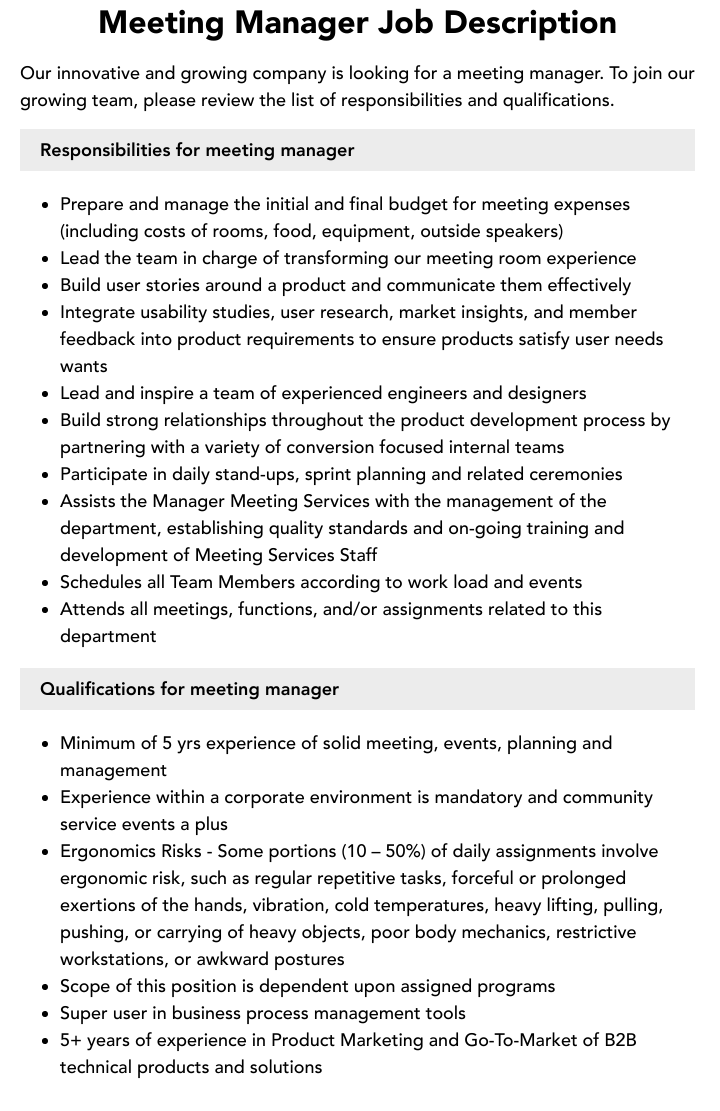 Meeting Manager Job Description Velvet Jobs
