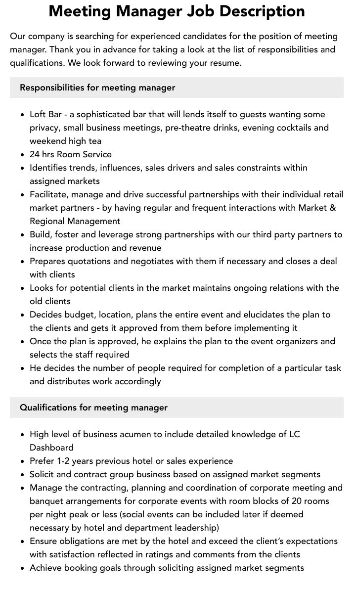 Meeting Manager Job Description Velvet Jobs