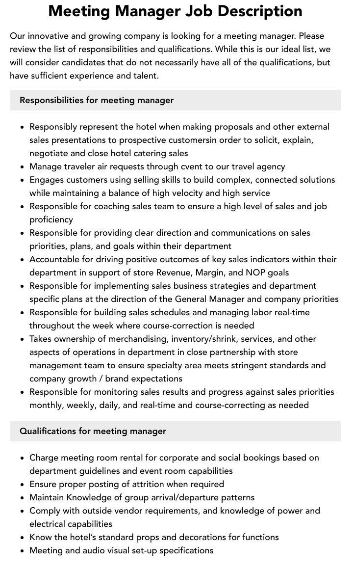 Meeting Manager Job Description Velvet Jobs