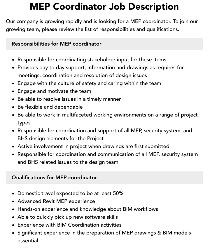 MEP Coordinator Job Description Velvet Jobs