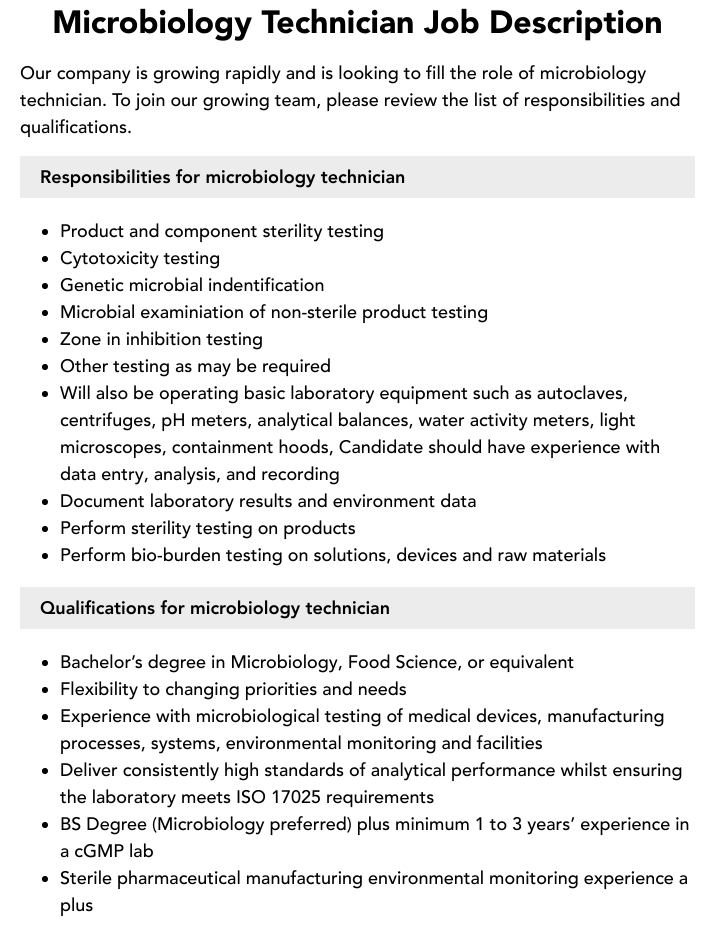 Microbiology Technician Job Description Velvet Jobs