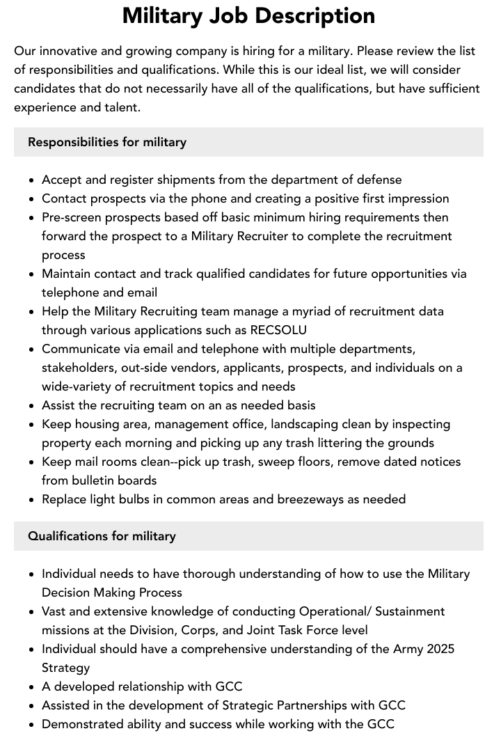 Military Job Description Velvet Jobs