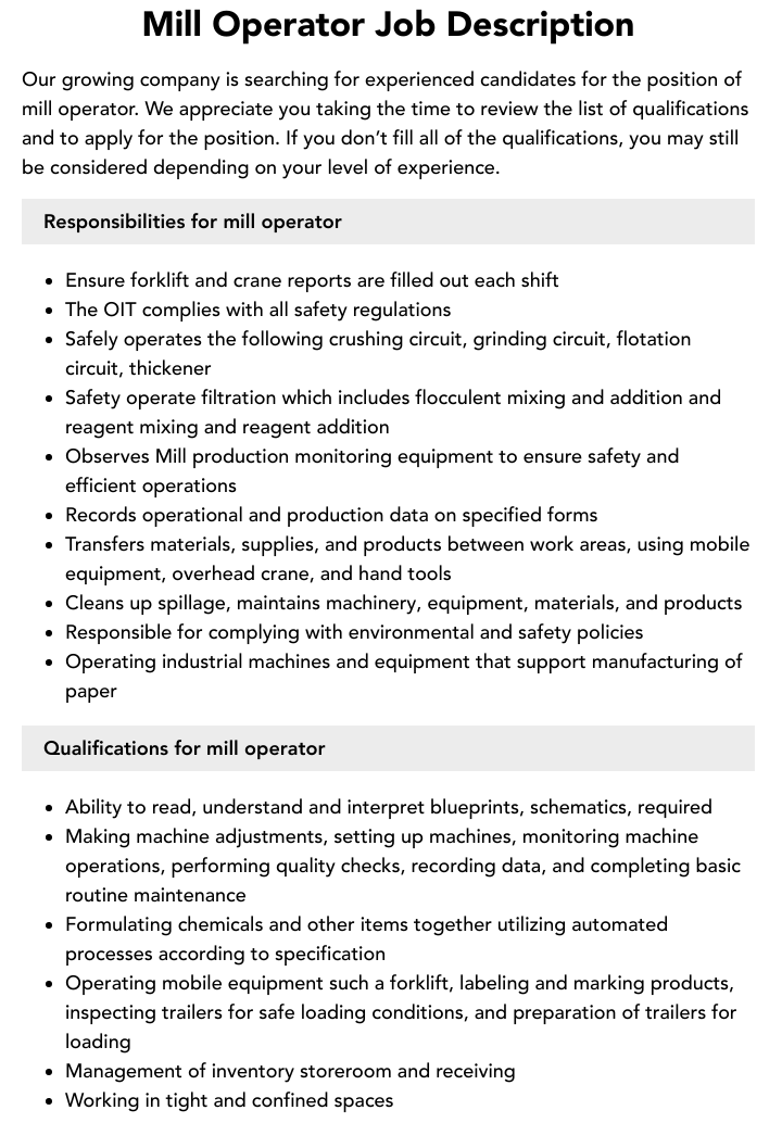 Mill Operator Job Description Velvet Jobs